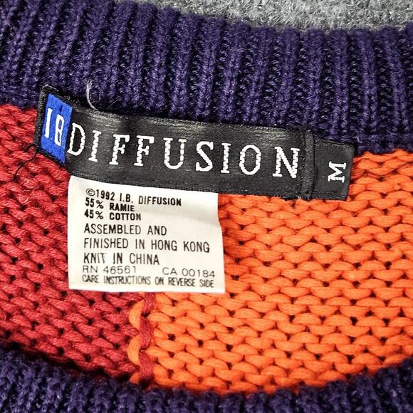 Vintage IB Diffusion Knit Sweater Medium Blue Orange 80s 90s Abstract Sequins - Picture 2 of 6